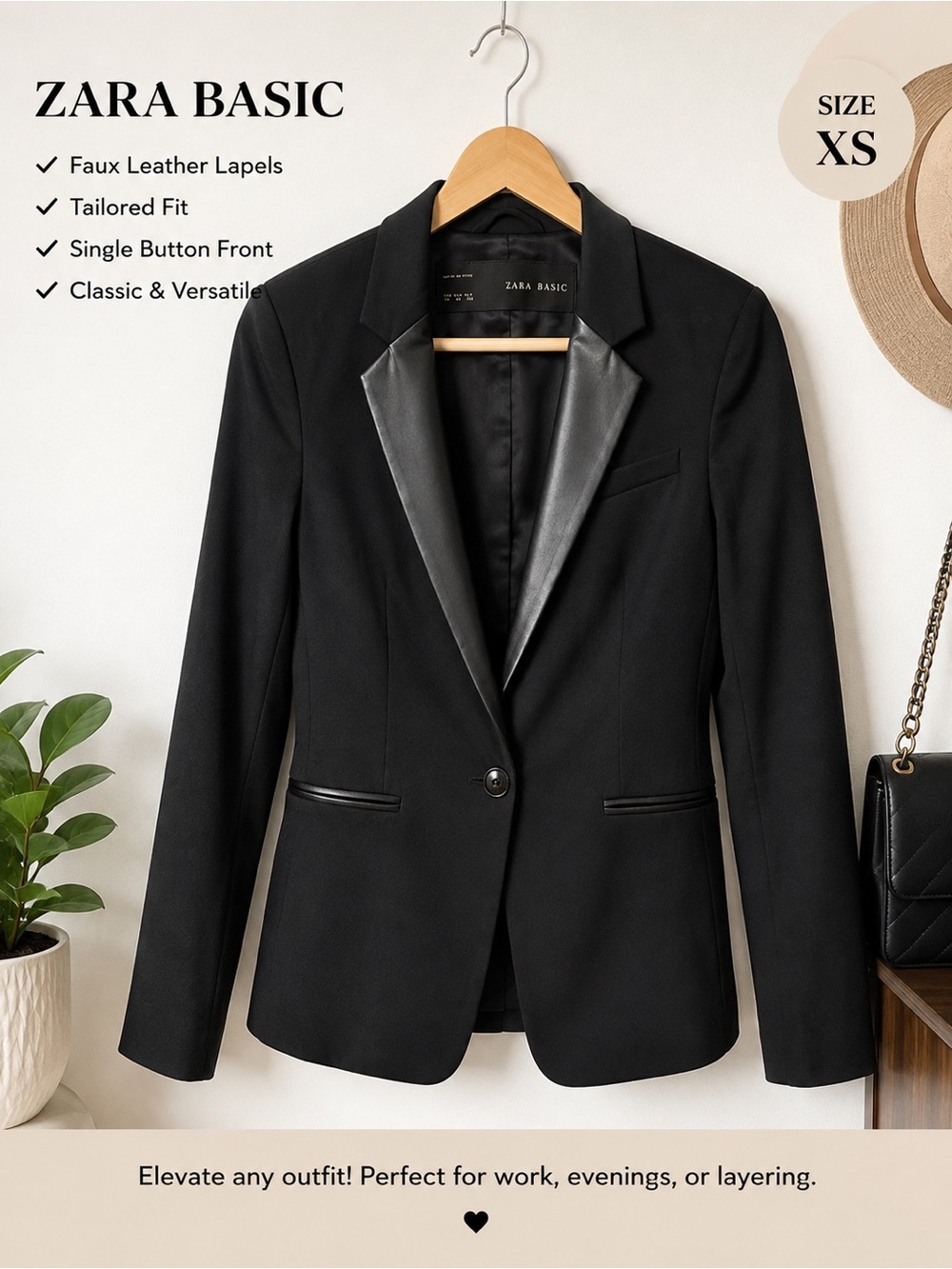 Zara Basic Black Tailored Blazer Faux Leather Lapels